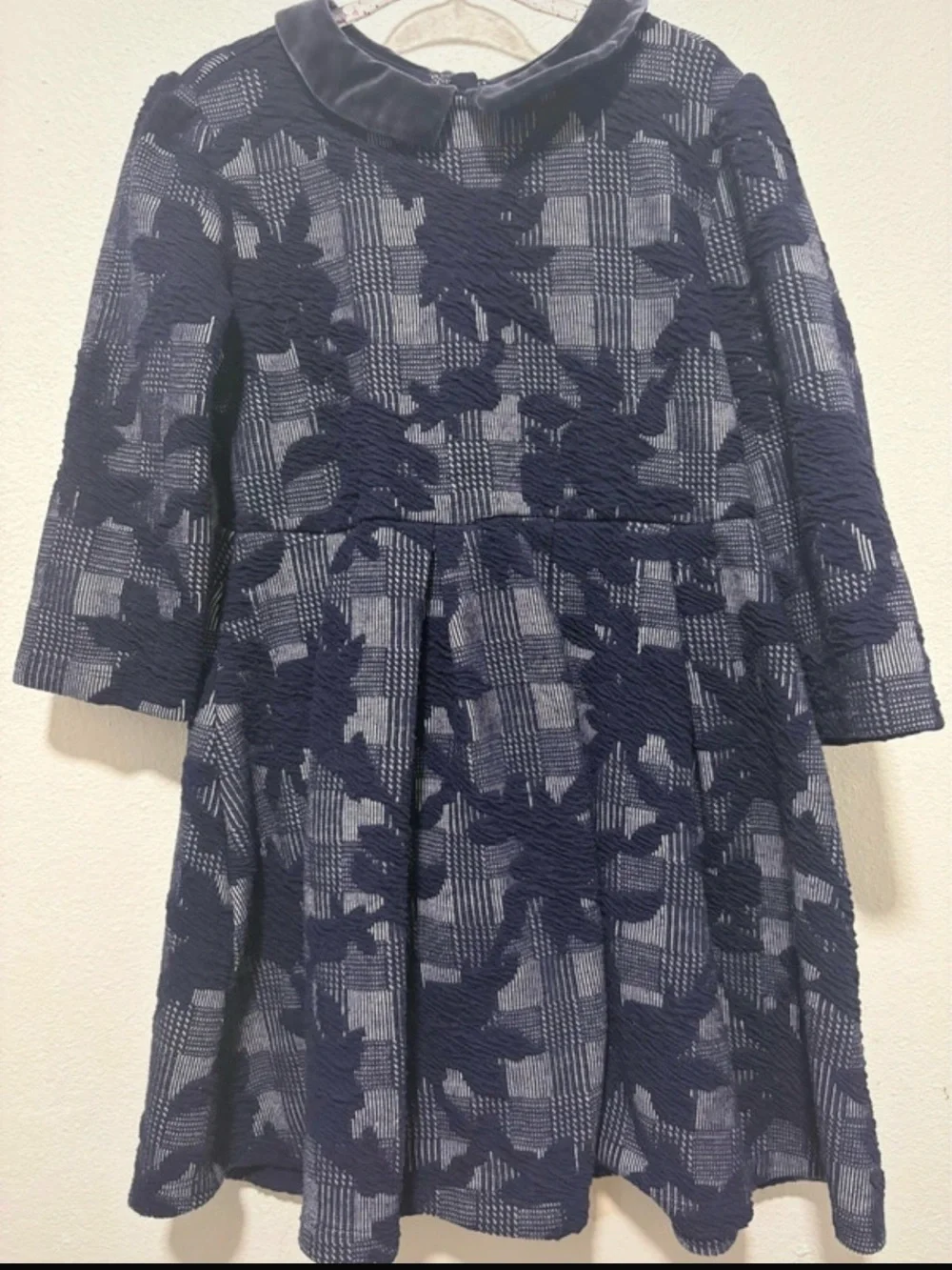Janie and Jack Navy Plaid Floral Textured Dress with Velvet Collar - Picture 1 of 5